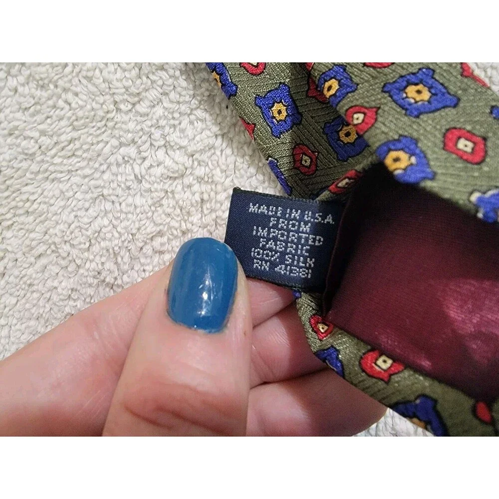 VTG 90s‎ Polo Ralph Lauren green foulard geometric 100% silk hand made tie USA